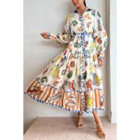 Polyester & Cotton long style One-piece Dress large hem design printed fruit pattern multi-colored PC