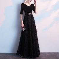 Polyester Slim & Plus Size Long Evening Dress patchwork Solid black PC