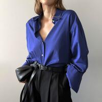 Polyester Slim Women Long Sleeve Shirt patchwork Solid blue PC