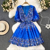 Polyester Waist-controlled One-piece Dress slimming & deep V blue PC