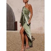 Polyester front slit One-piece Dress & One Shoulder patchwork Solid PC