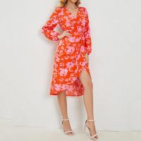 Polyester One-piece Dress irregular & mid-long style printed floral red PC