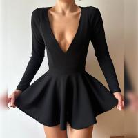 Polyester High Waist One-piece Dress deep V & backless Solid PC