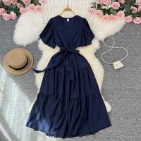 Polyester Waist-controlled & Soft One-piece Dress large hem design Solid : PC