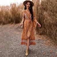 Polyester Waist-controlled One-piece Dress deep V & side slit printed shivering PC