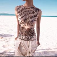 Polyester Slim Tank Top see through look printed letter flesh PC