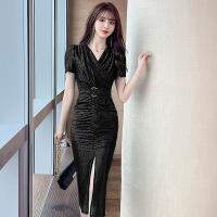 Polyester Slim & front slit Sexy Package Hip Dresses patchwork Solid PC