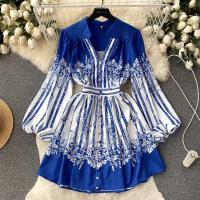 Polyester Waist-controlled One-piece Dress slimming & deep V blue PC