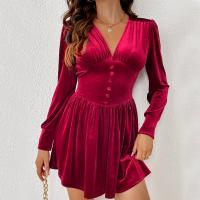 Velour Waist-controlled One-piece Dress deep V Solid red PC