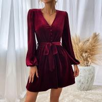 Velour Waist-controlled One-piece Dress deep V patchwork Solid wine red PC