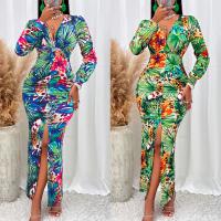 Polyester front slit Sexy Package Hip Dresses deep V printed PC