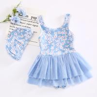 Polyester One-piece Swimsuit backless & with swimming cap patchwork floral blue PC