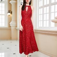 Polyester Long Evening Dress backless & hollow patchwork Solid red PC