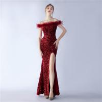 Sequin & Polyester Off Shoulder & Slim Long Evening Dress side slit patchwork PC