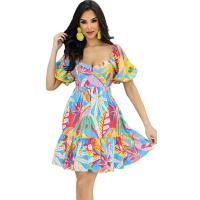 Polyester Waist-controlled & Soft One-piece Dress deep V printed blue PC