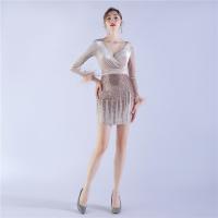 Sequin & Polyester Slim Short Evening Dress deep V patchwork PC