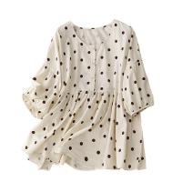 Cotton Linen Women Long Sleeve Blouses & loose printed dot white PC