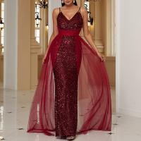Polyester Slim Long Evening Dress backless patchwork Solid red PC
