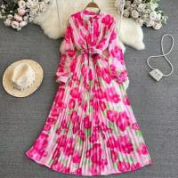 Polyester Pleated One-piece Dress large hem design & slimming printed floral : PC
