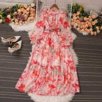 Polyester stringy selvedge One-piece Dress large hem design printed floral : PC