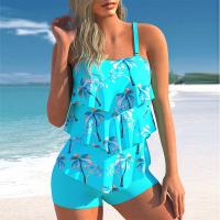 Polyester Plus Size Tankinis Set & padded printed floral blue Set