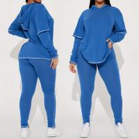 Polyester Women Sportswear Set & fake two piece & loose Long Trousers & long sleeve T-shirt patchwork Solid blue Set