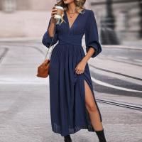 Polyester Waist-controlled One-piece Dress mid-long style patchwork Solid blue PC