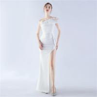 Polyester Slim Long Evening Dress side slit & One Shoulder patchwork Solid PC
