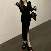 Knitted Slim & front slit Sexy Package Hip Dresses patchwork Solid : PC
