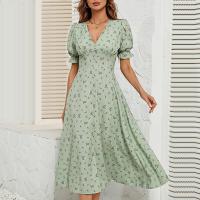 Polyester Waist-controlled & Soft One-piece Dress slimming & side slit printed shivering green PC