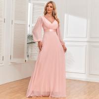 Chiffon Waist-controlled Long Evening Dress large hem design & deep V Solid pink PC