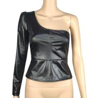 PU Leather Crop Top Women Long Sleeve Blouses & One Shoulder Solid PC