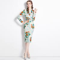 Polyester Slim Sexy Package Hip Dresses deep V & knee-length printed floral PC