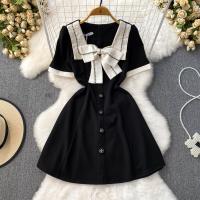 Polyester Waist-controlled & Soft One-piece Dress large hem design & slimming bowknot pattern black PC