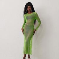 Rhinestone & Nylon Slim One-piece Dress see through look & side slit iron-on fluorescent green : PC