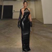 Polyester Slim Sexy Package Hip Dresses & off shoulder & floor-length oversleeve Solid black Set