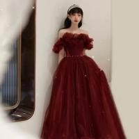 Polyester Waist-controlled & Off Shoulder & High Waist Long Evening Dress Solid wine red PC
