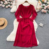 Mixed Fabric Waist-controlled & Soft One-piece Dress mid-long style & slimming Solid : PC
