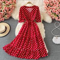 Mixed Fabric Waist-controlled & Soft & long style One-piece Dress large hem design & slimming printed dot : PC