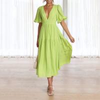 Polyester One-piece Dress large hem design & deep V patchwork Solid PC