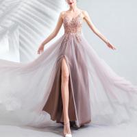 Polyester Long Evening Dress side slit & backless patchwork Solid pink PC