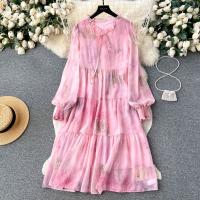 Mixed Fabric Soft One-piece Dress large hem design & mid-long style & slimming & loose Tie-dye floral pink PC