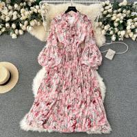Mixed Fabric Waist-controlled & Soft & Pleated One-piece Dress large hem design & mid-long style & slimming printed shivering : PC