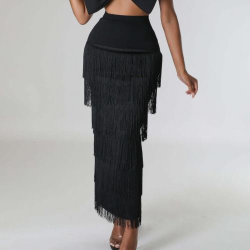 Polyester High Waist Maxi Skirt slimming patchwork Solid black PC