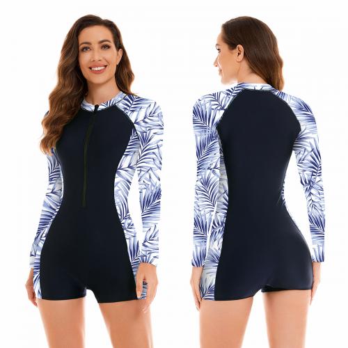 Polyamide One-piece Swimsuit & skinny style printed leaf pattern black and blue PC