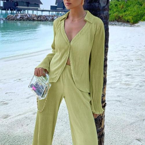 Polyester Women Casual Set deep V & loose Long Trousers & long sleeve shirt patchwork Solid Set