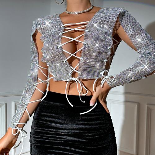 Nylon Women Long Sleeve T-shirt midriff-baring & backless & hollow Solid silver PC