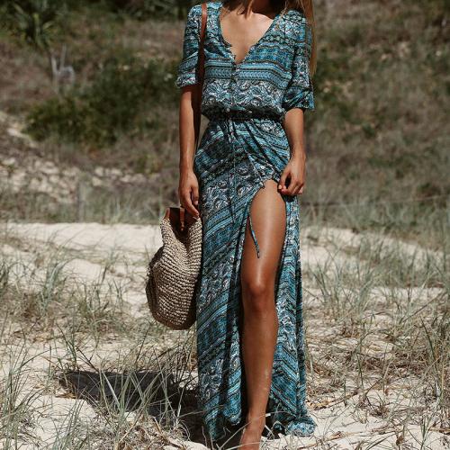 Polyester long style & front slit Beach Dress printed blue PC