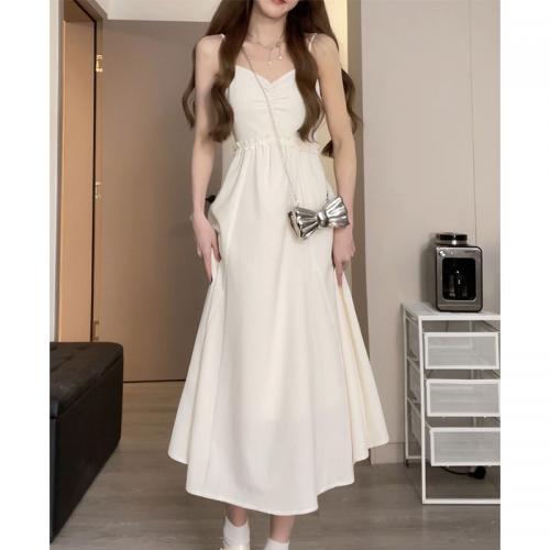 Regenerated Cellulose Fiber & Polyester Flounce Slip Dress mid-long style patchwork Solid white PC