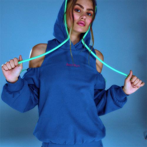 Cotton With Siamese Cap Women Sweatshirts backless & off shoulder Solid blue PC